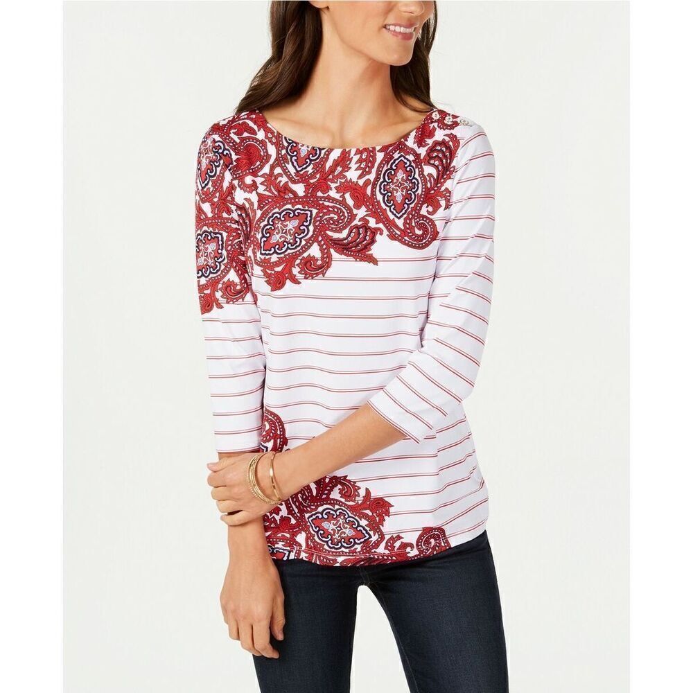 Charter Club Nylon Striped Paisley Boatneck Top | XS